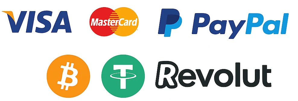 Payment Methods: Visa, Mastercard, PayPal, Bitcoin, USDT, Revolut